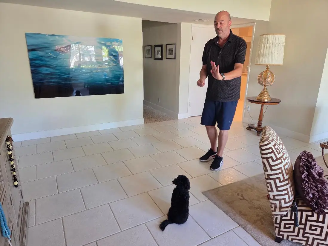 Dog training in Chandler, AZ: Mark Siebel giving a hand signal to two sitting doodles in a kitchen